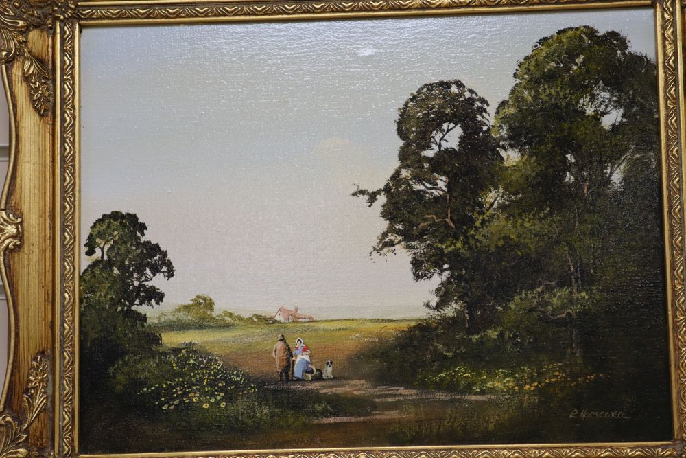 Ronald Horsewell (b.1934), oil on canvas, Travellers in a landscape, signed, 29 x 39cm